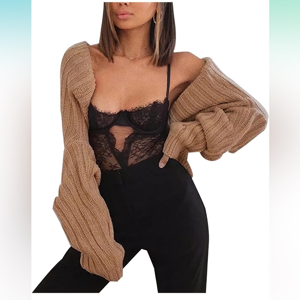 Tan Knit Cardigan with Black Lace Top